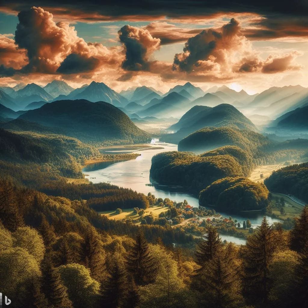 Serenity in Nature: A Majestic River Valley Embraced by Mountains and Clouds