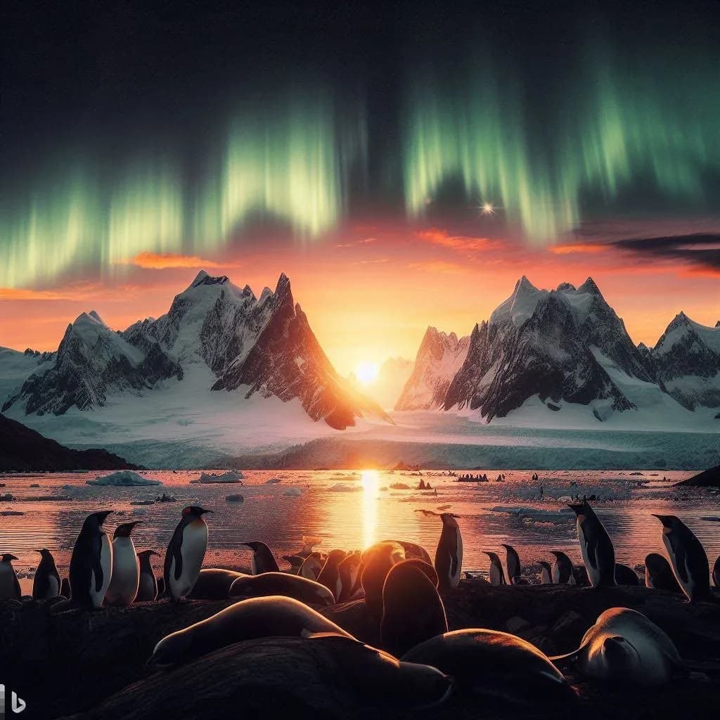 Whispers of the Arctic: A Majestic Sunset Over Penguins and Glacial Peaks