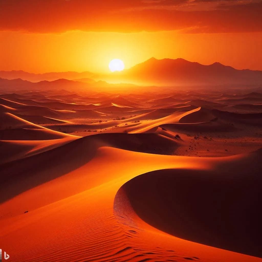 Desert Dreams: A Fiery Sunset Over Golden Dunes