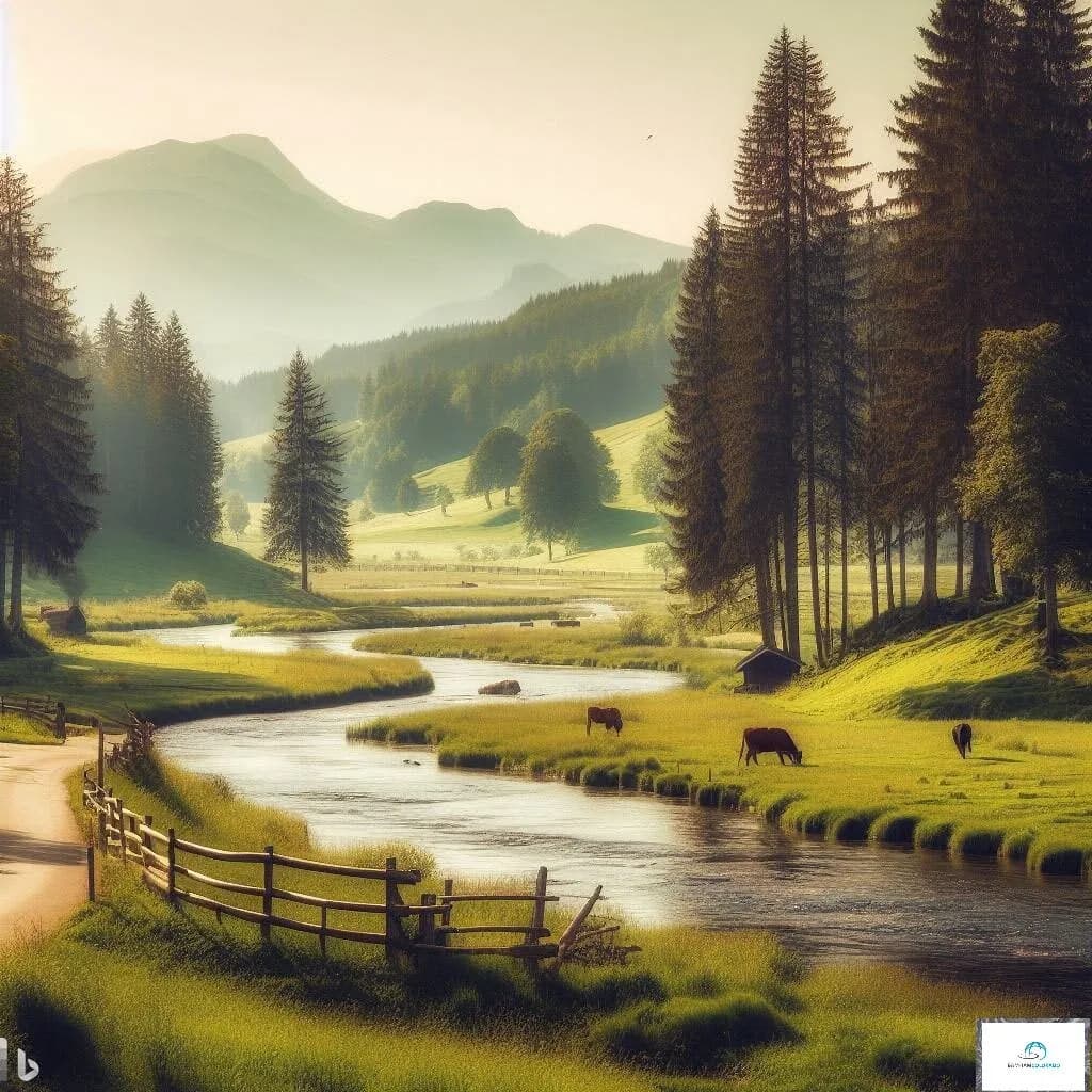 Serenity in the Valley: A Tranquil Landscape of Rolling Hills and Gentle Streams