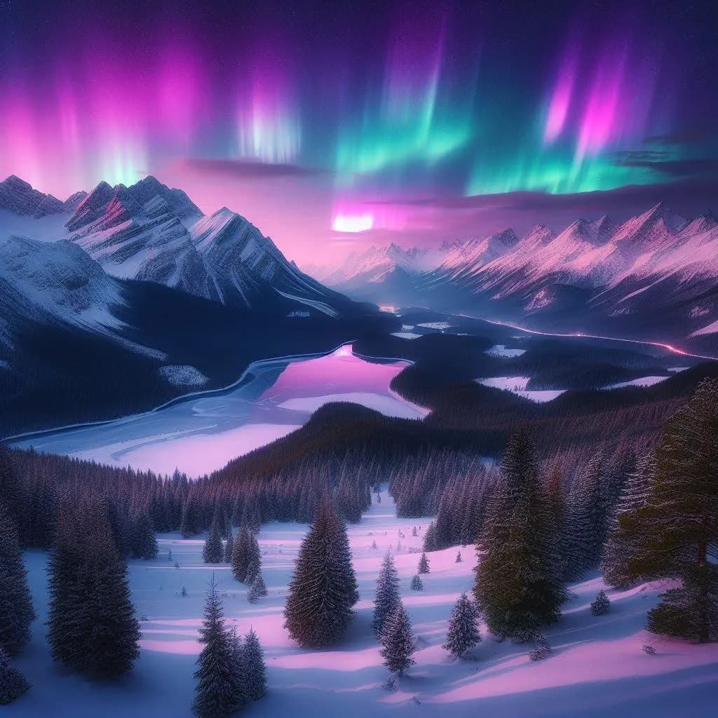 Whispers of the Aurora: A Serene Night Over Snow-Capped Mountains and a Reflective River
