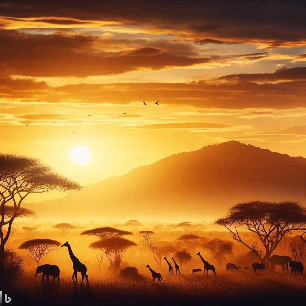 Serene Sunset Silhouettes: A Majestic Wildlife Landscape in Golden Hues