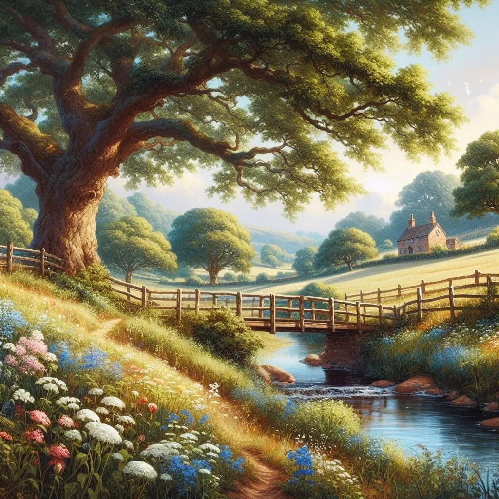 Whispers of Tranquility: A Serene Landscape of Blossoms and Bridges in Nature's Embrace