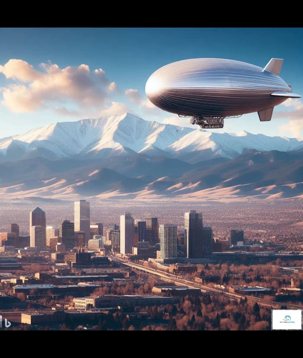Skyward Dreams: A Zeppelin's Journey Over Majestic Mountains and Urban Landscapes