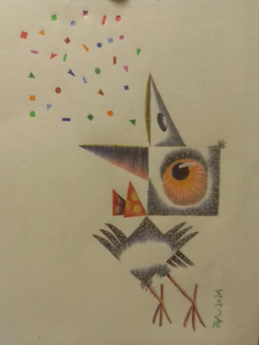 Whimsical Bird in Colorful Confetti: A Playful Exploration of Shape and Form