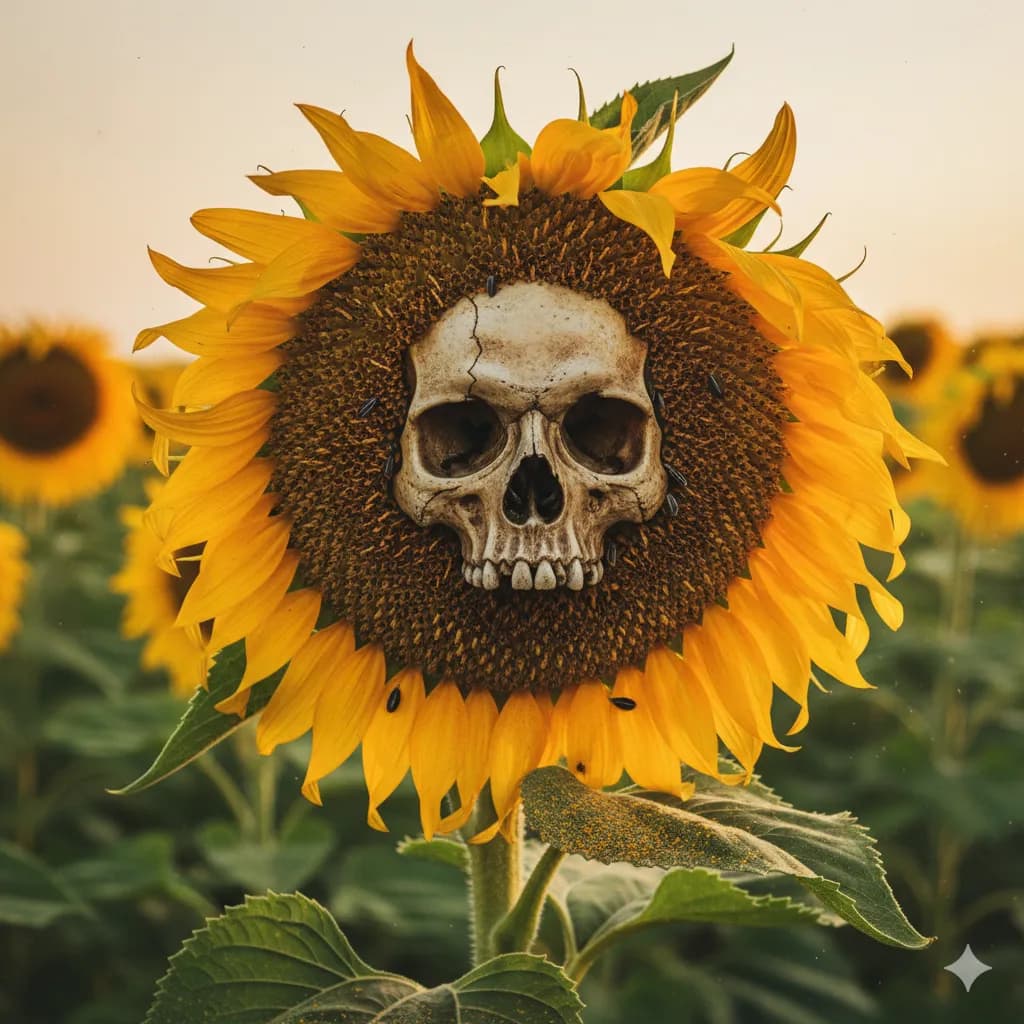 Eternal Bloom: The Macabre Dance of Sunflower and Skull
