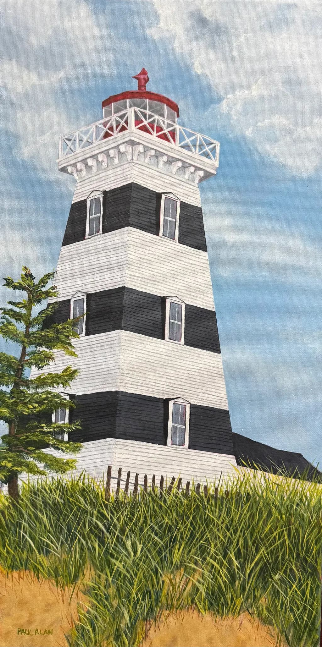 Guiding Light: A Coastal Lighthouse Amidst Whispering Grasslands