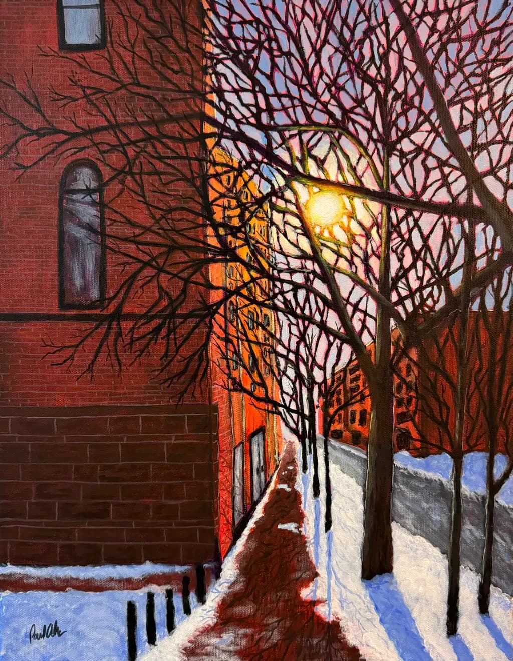 Urban Sunset: A Serene Walk Through Snowy Streets and Silhouetted Trees