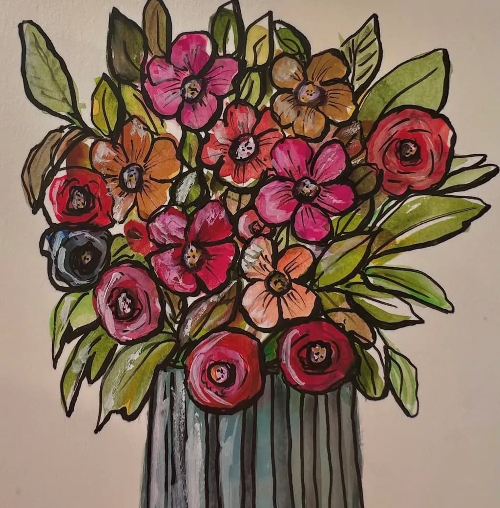 Vibrant Floral Symphony: A Colorful Bouquet of Blossoms in a Striped Vase
