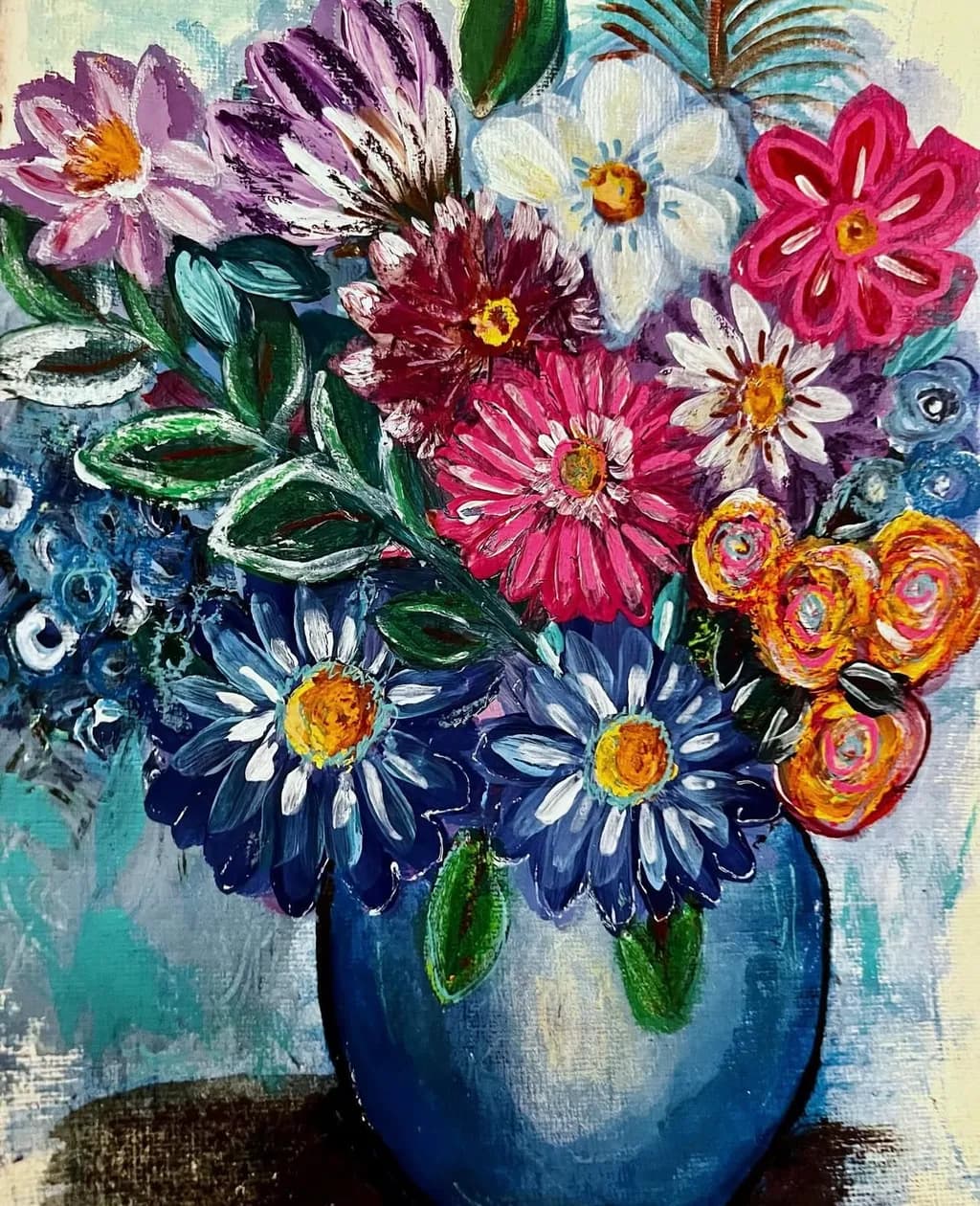 Vibrant Harmony: A Colorful Floral Symphony in Blue Vase