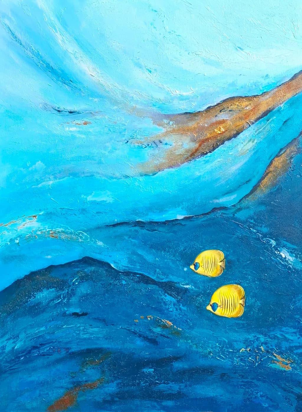 Oceanic Harmony: A Dance of Yellow Fish in Abstract Blue Waters