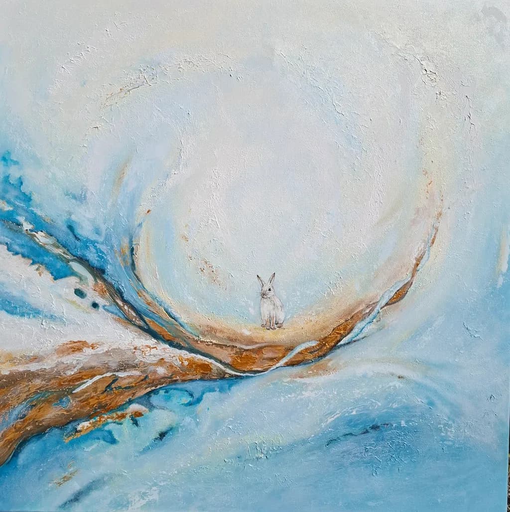 Whimsical Serenity: A Rabbit's Journey Through Abstract Blue Waves