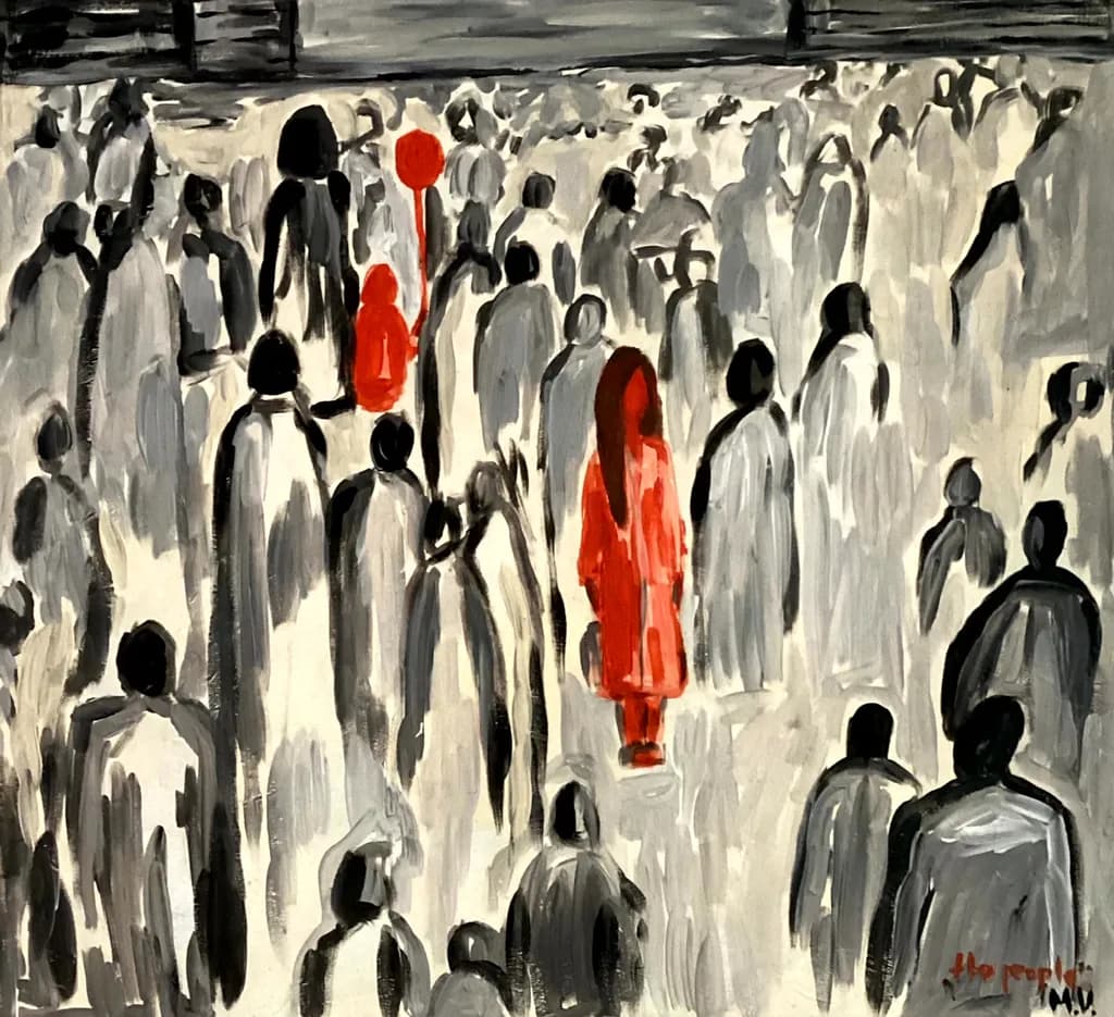 Amidst the Crowd: A Bold Red Presence in a Sea of Shadows