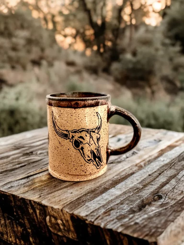 Rustic Bull Skull Mug: Handcrafted Ceramic Coffee Cup for Nature Lovers and Western Decor Enthusiasts