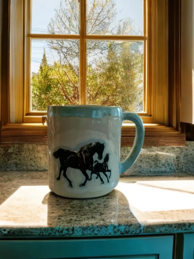 Majestic Equine Dance: Handcrafted Horse Mug with Scenic Window View