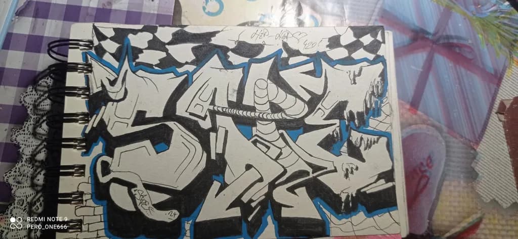 Urban Rhythm: A Black and White Graffiti Sketch with Bold Design Elements