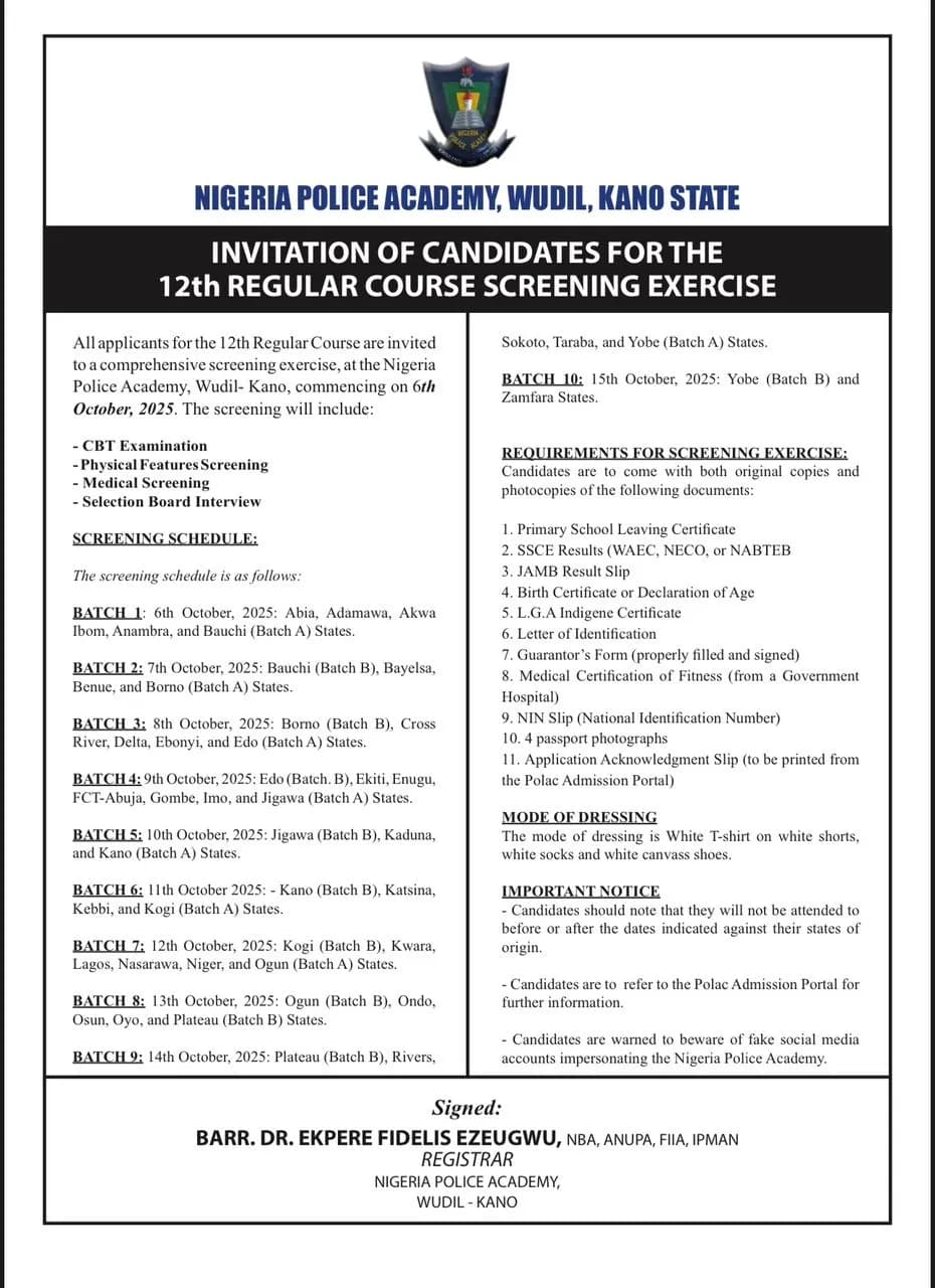 Invitation to the 12th Regular Course Screening at Nigeria Police Academy, Wudil-Kano: Essential Details and Requirements for Candidates