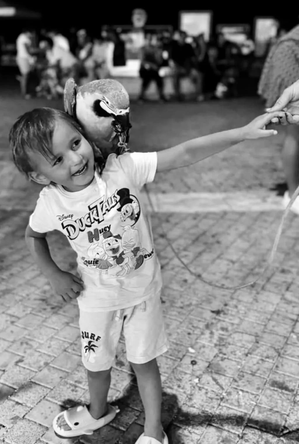Joyful Bonds: A Child's Playful Night with a Parrot in Black and White