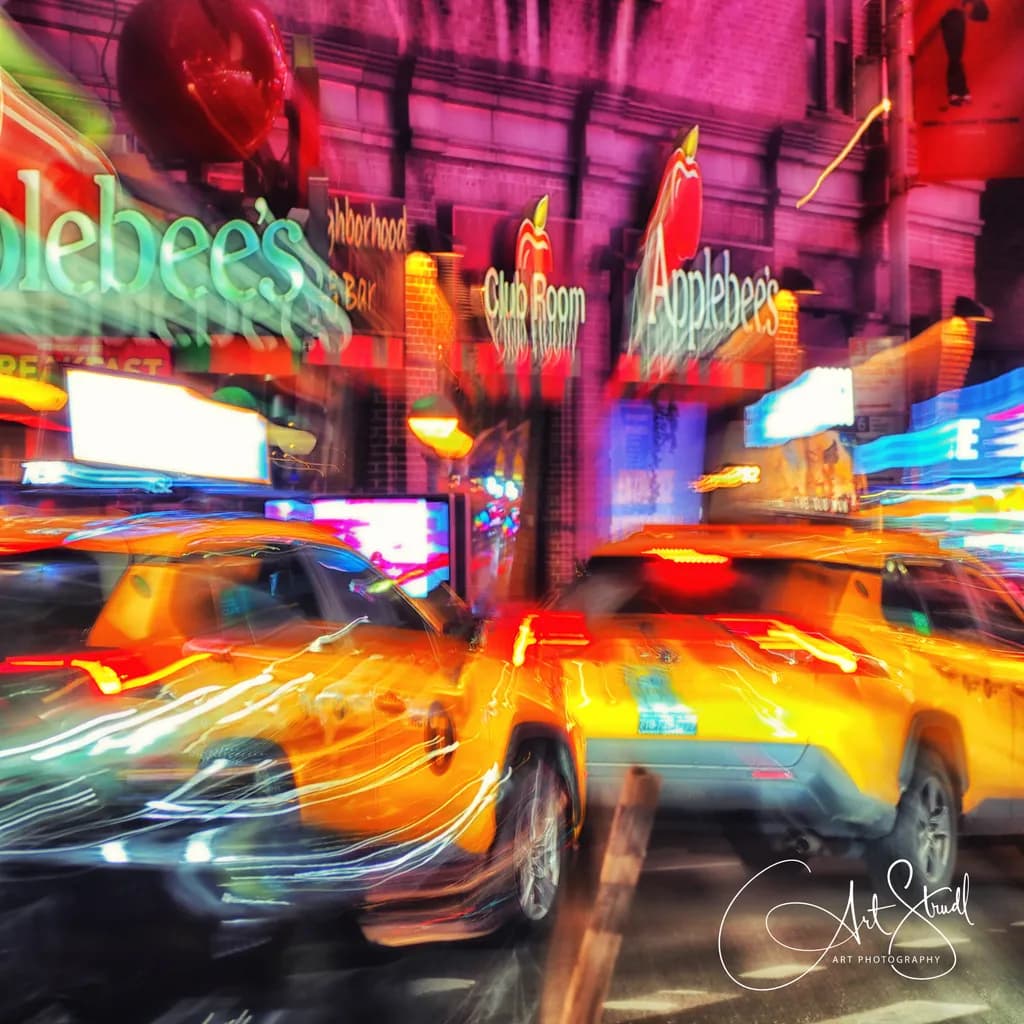 Urban Symphony: A Vibrant Dance of Yellow Taxis and Neon Lights in the City Nightscape