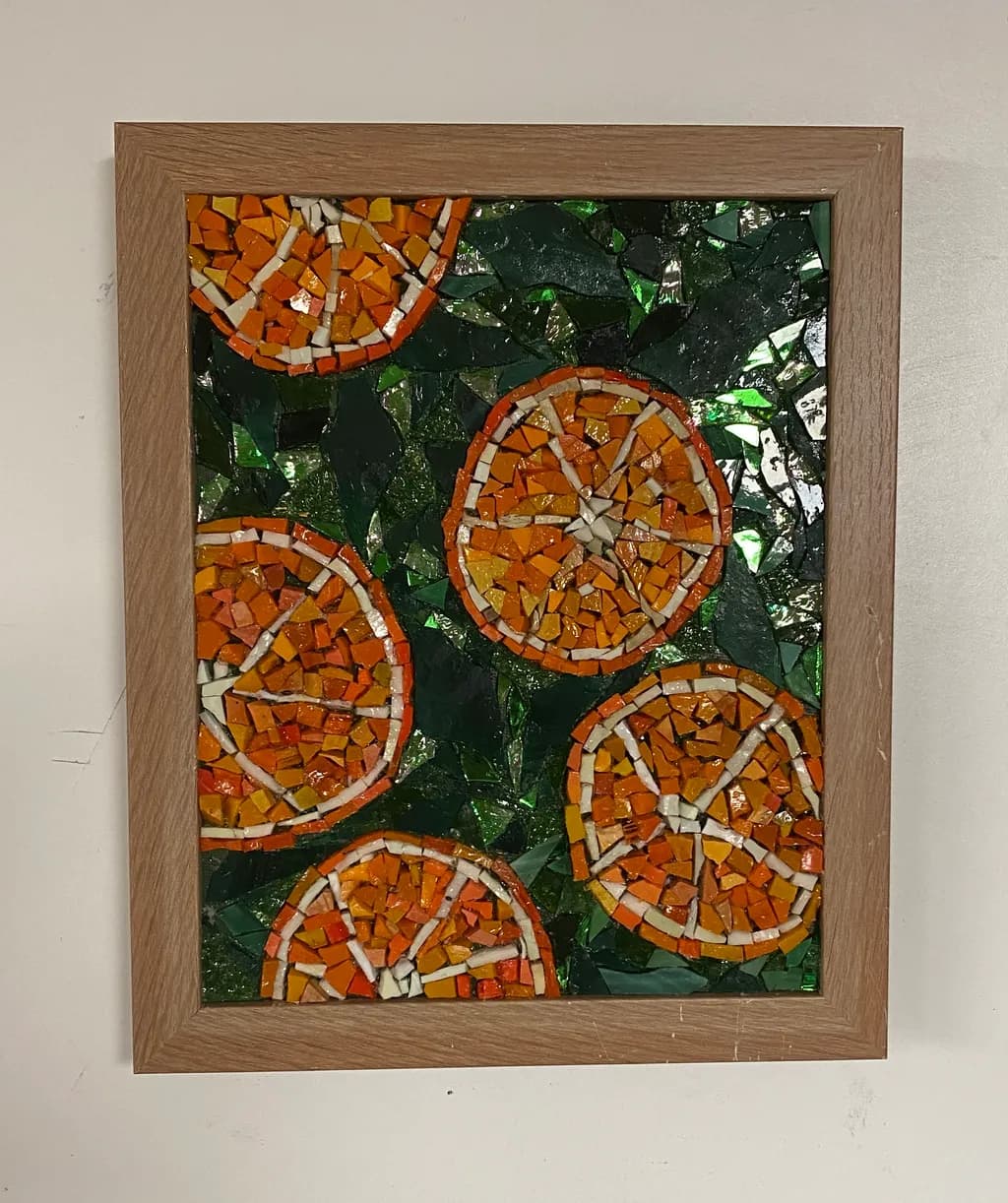 Vibrant Mosaic Oranges: A Decorative Glass Art Piece Celebrating Nature's Sweetness