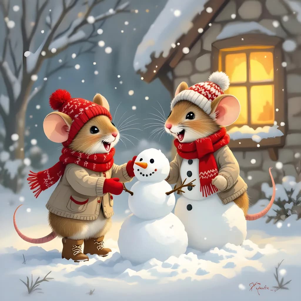 Whimsical Winter Joy: Mice Building a Snowman in a Cozy Snowy Scene
