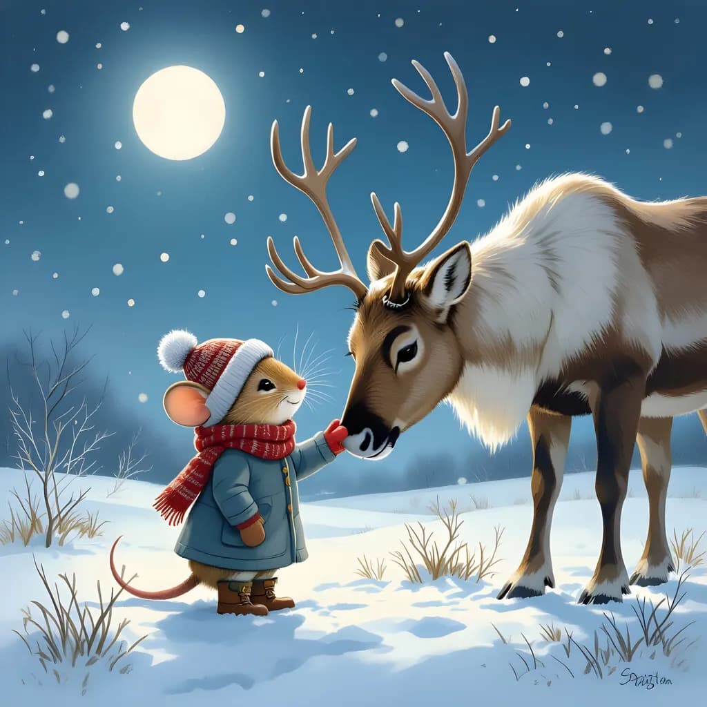 Whimsical Winter Encounter: A Mouse and Reindeer Share a Magical Moment Under the Moonlight