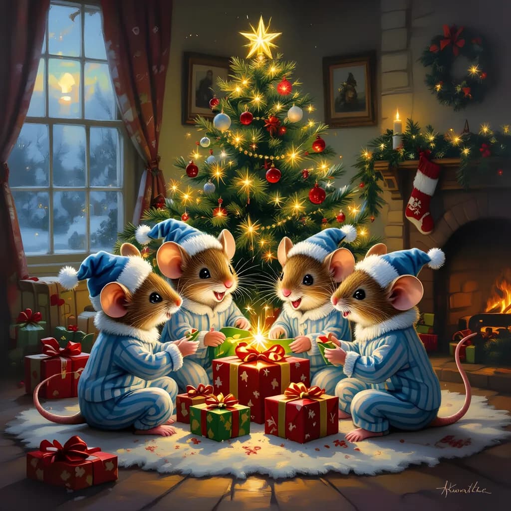 Whimsical Christmas Eve: Mice in Pajamas Gather Around the Tree