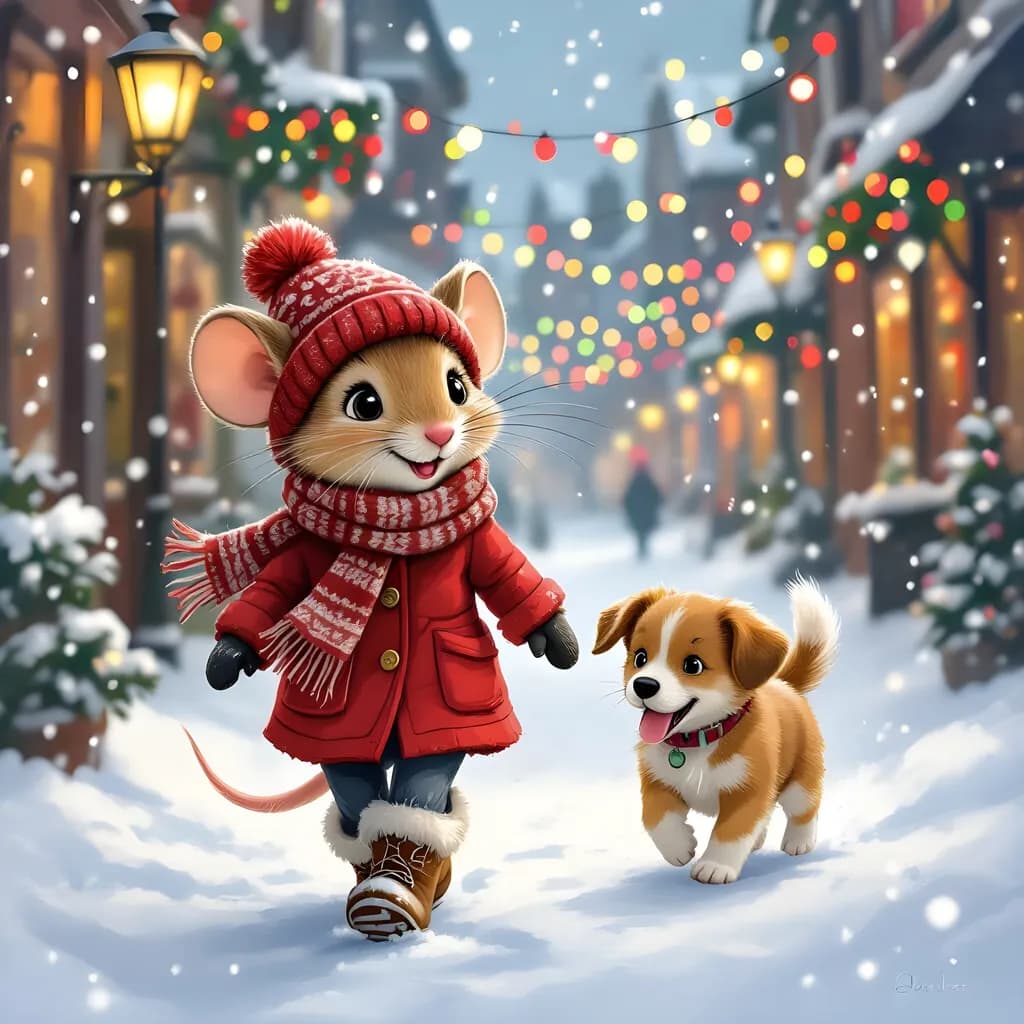 Winter Whimsy: A Cheerful Mouse and Dog's Festive Adventure in a Snowy Wonderland