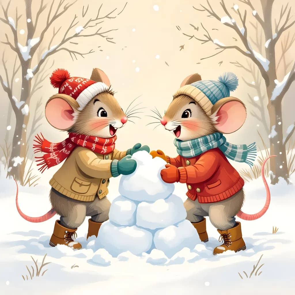 Winter Whimsy: Two Playful Mice Building a Snowman in a Snowy Wonderland