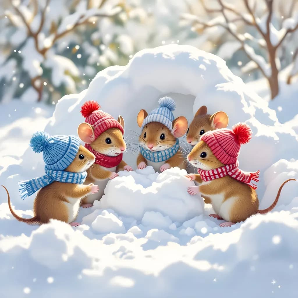 Whimsical Winter Play: Mice in Cozy Scarves Building Snowy Dreams
