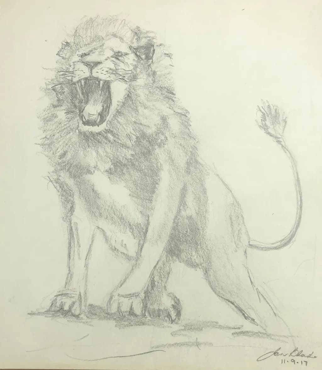 Majestic Roar: A Yawning Lion Sketch in Pencil Artistry