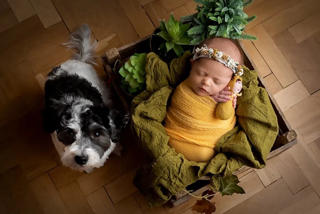 Cozy Companions: A Peaceful Moment with Baby and Dog in Nature