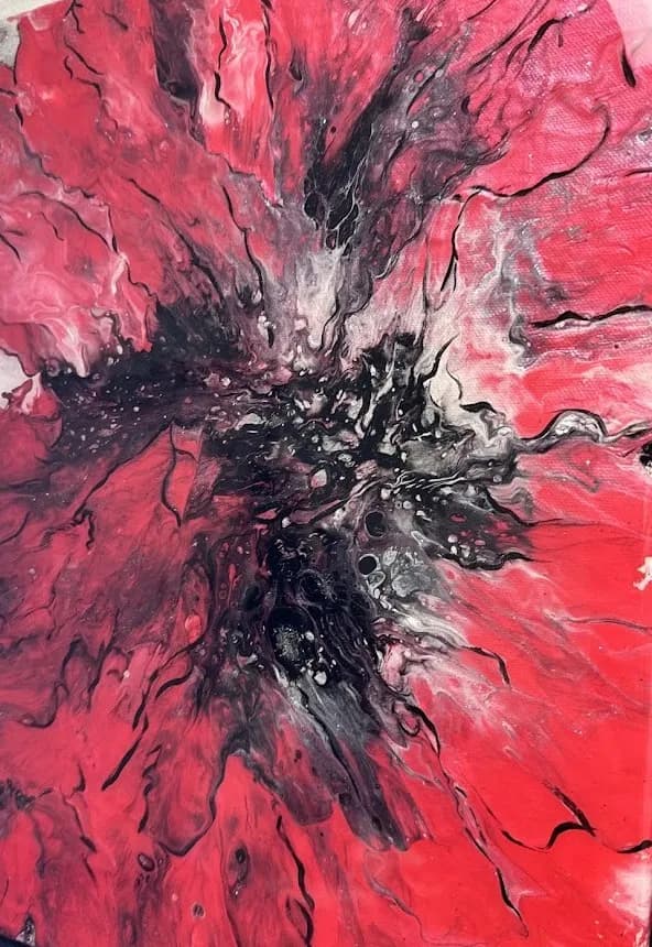 Vibrant Chaos: A Dynamic Dance of Abstract Textures in Bold Red and Black