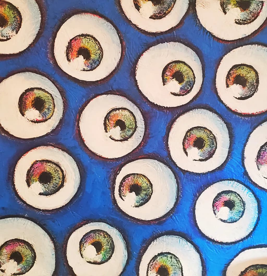 Whimsical Eyes: A Dance of Color and Curiosity on Blue Canvas