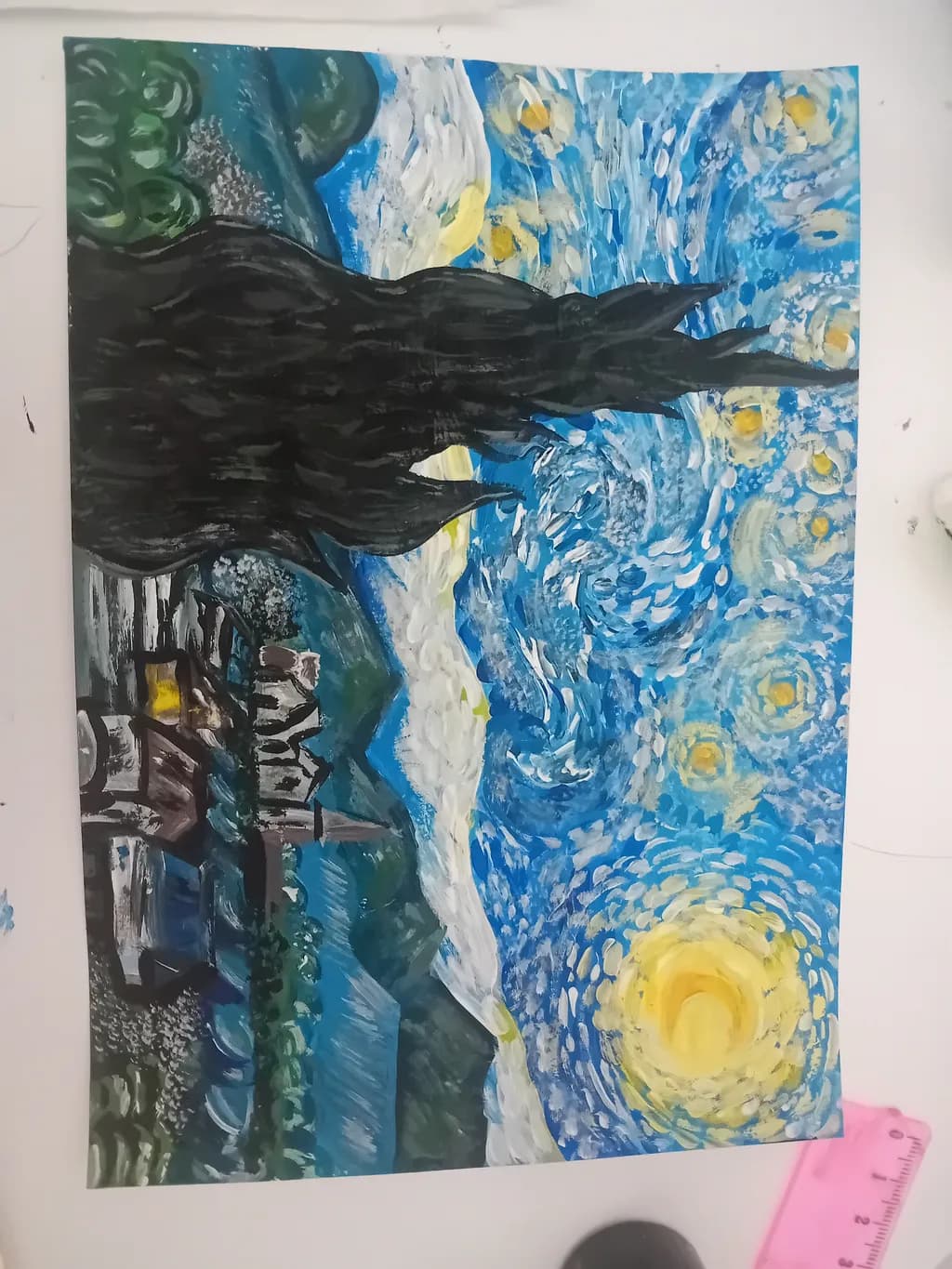 Whispers of the Night Sky: A Starry Landscape in Vibrant Blues and Golds
