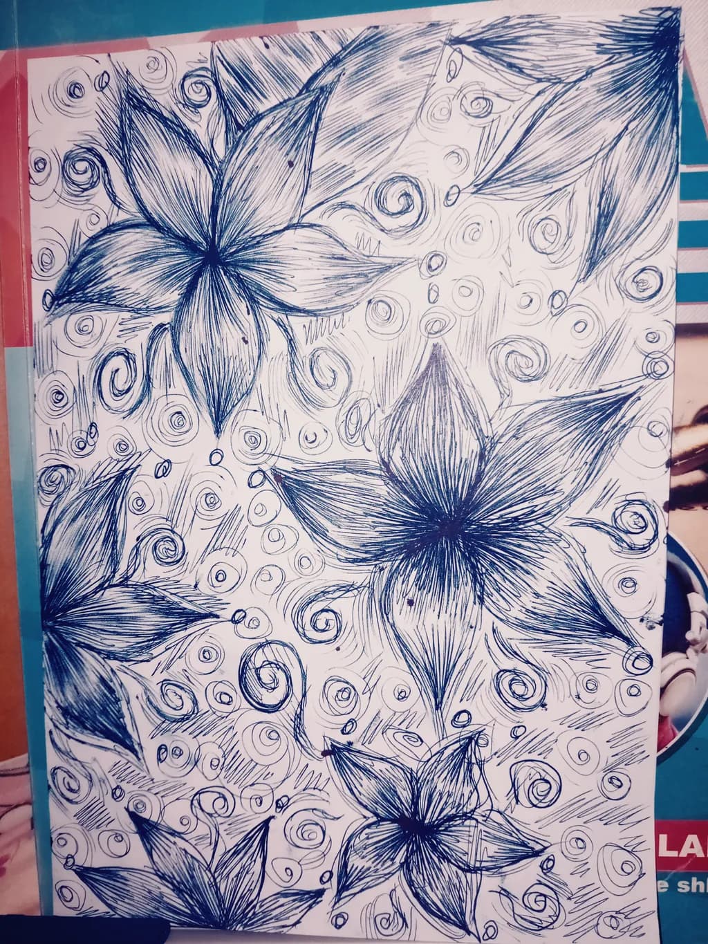 Whimsical Blue Floral Sketch: A Dance of Patterns and Spirals