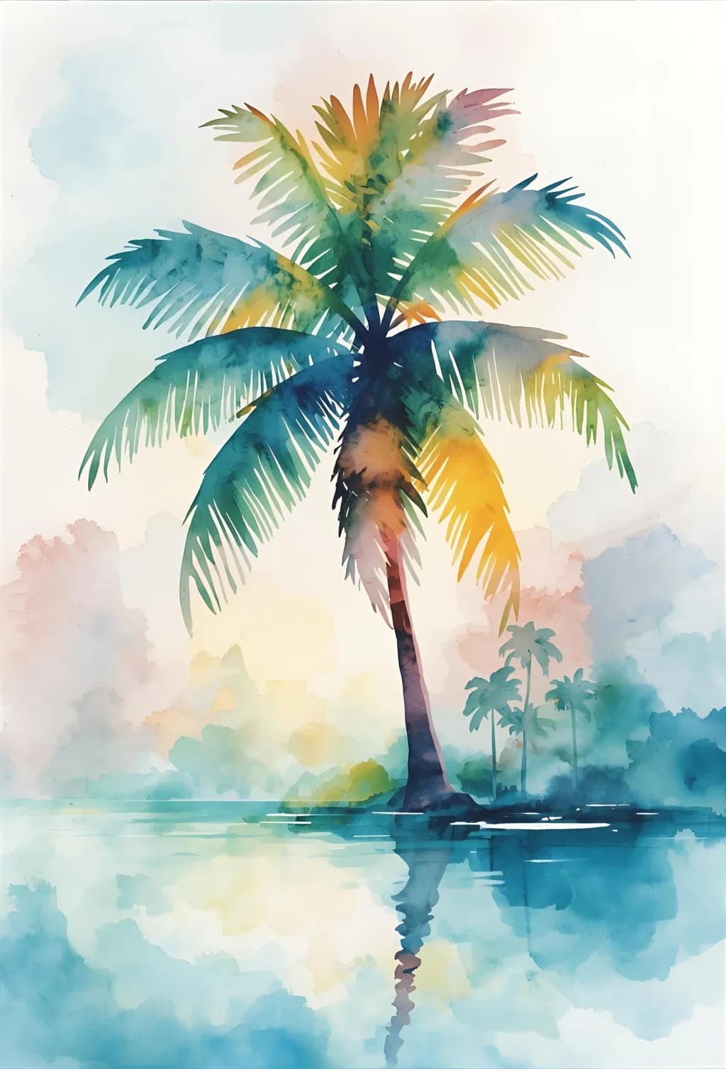 Tropical Serenity: A Watercolor Reflection of Palm Paradise