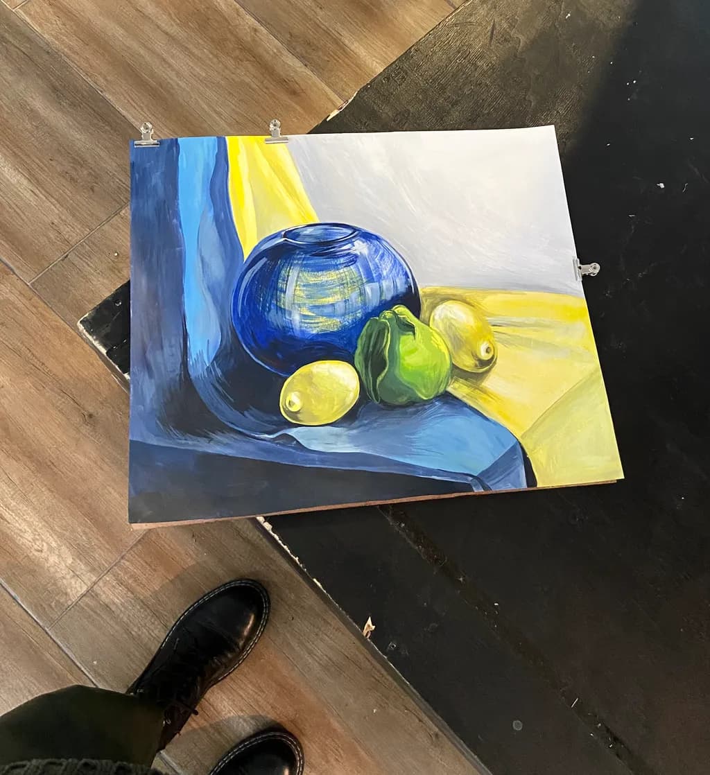 Vibrant Harmony: A Still Life of Blue, Yellow, and Fresh Fruit