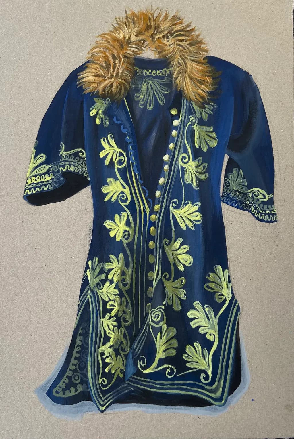 Elegant Blue Embroidered Garment with Luxurious Fur Accents