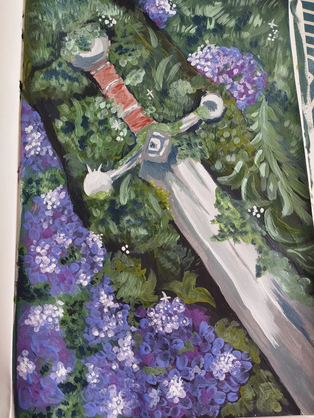 Whispers of Valor: A Sword Entwined in Blossoms and Greenery