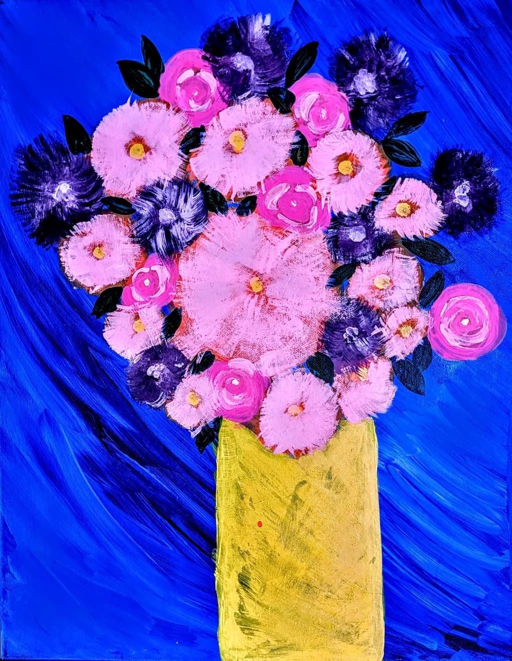Vibrant Blooms: A Colorful Floral Arrangement in a Yellow Vase Against a Bold Blue Background