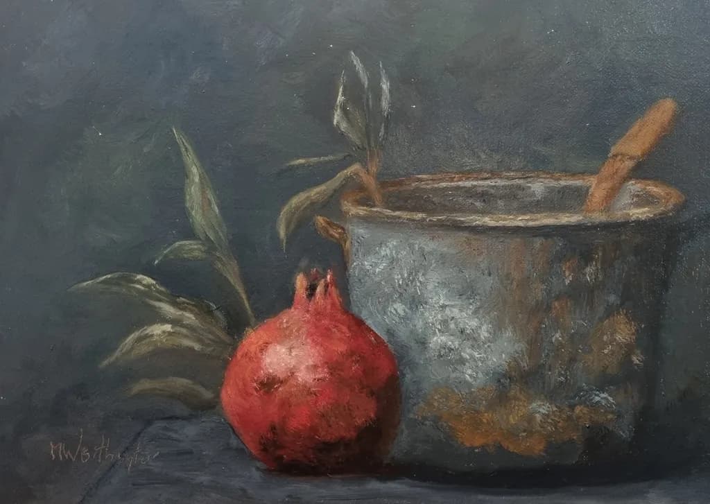 Whispers of the Pomegranate: A Still Life Reflection in Earthy Tones