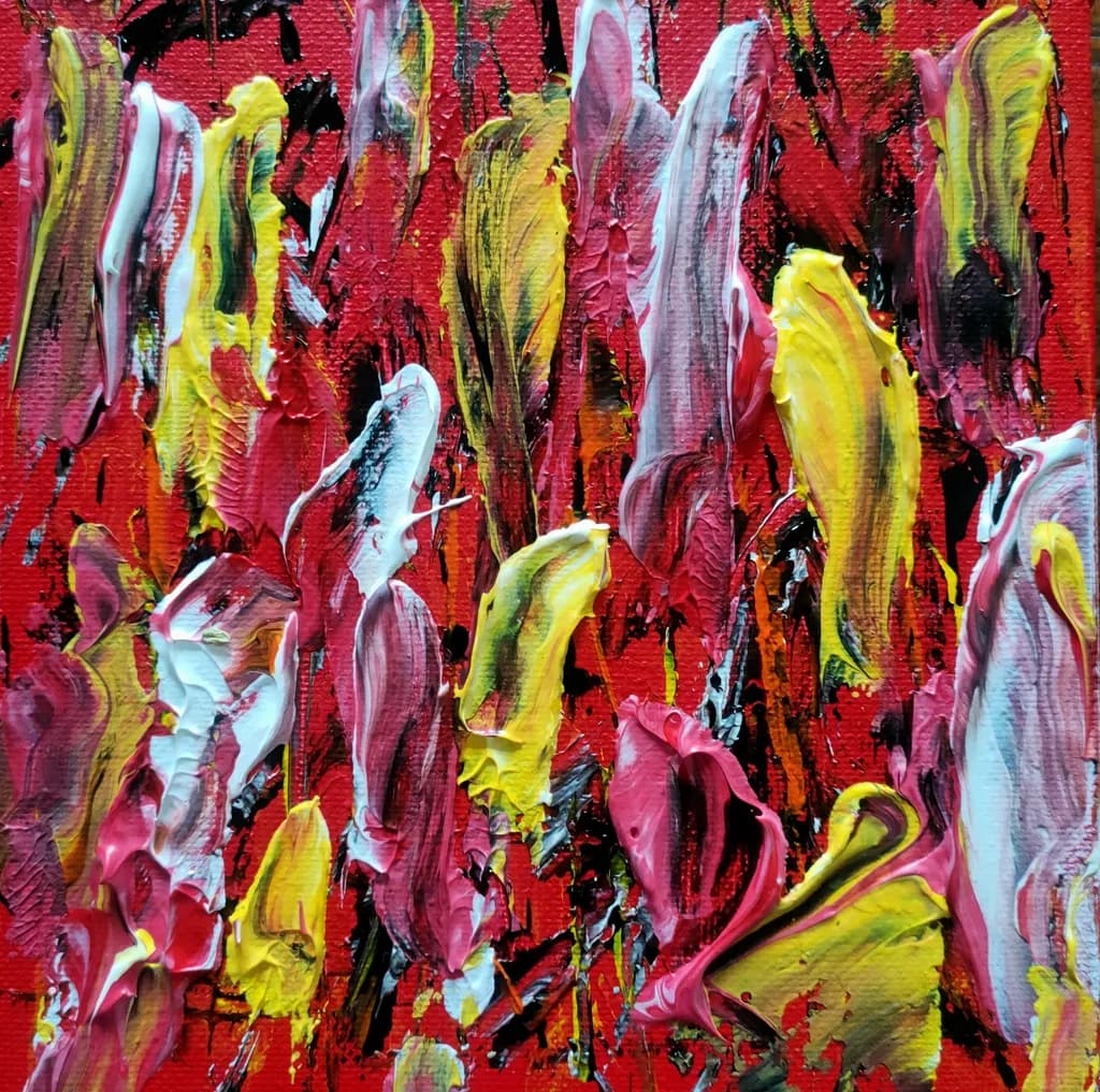 Vibrant Whispers: A Dance of Color on Crimson Canvas