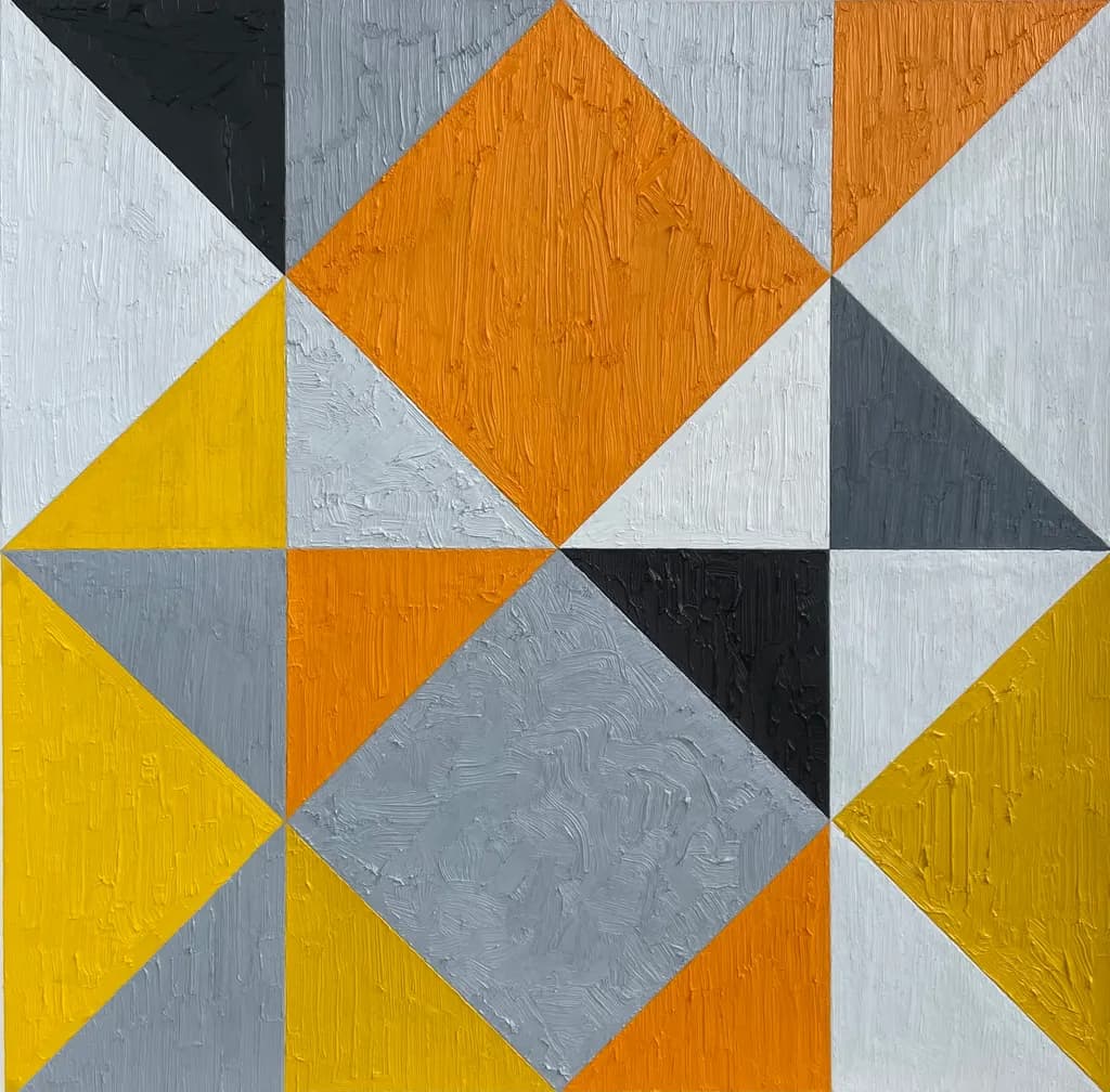 Vibrant Geometric Harmony: A Dance of Orange, Yellow, and Gray Shapes