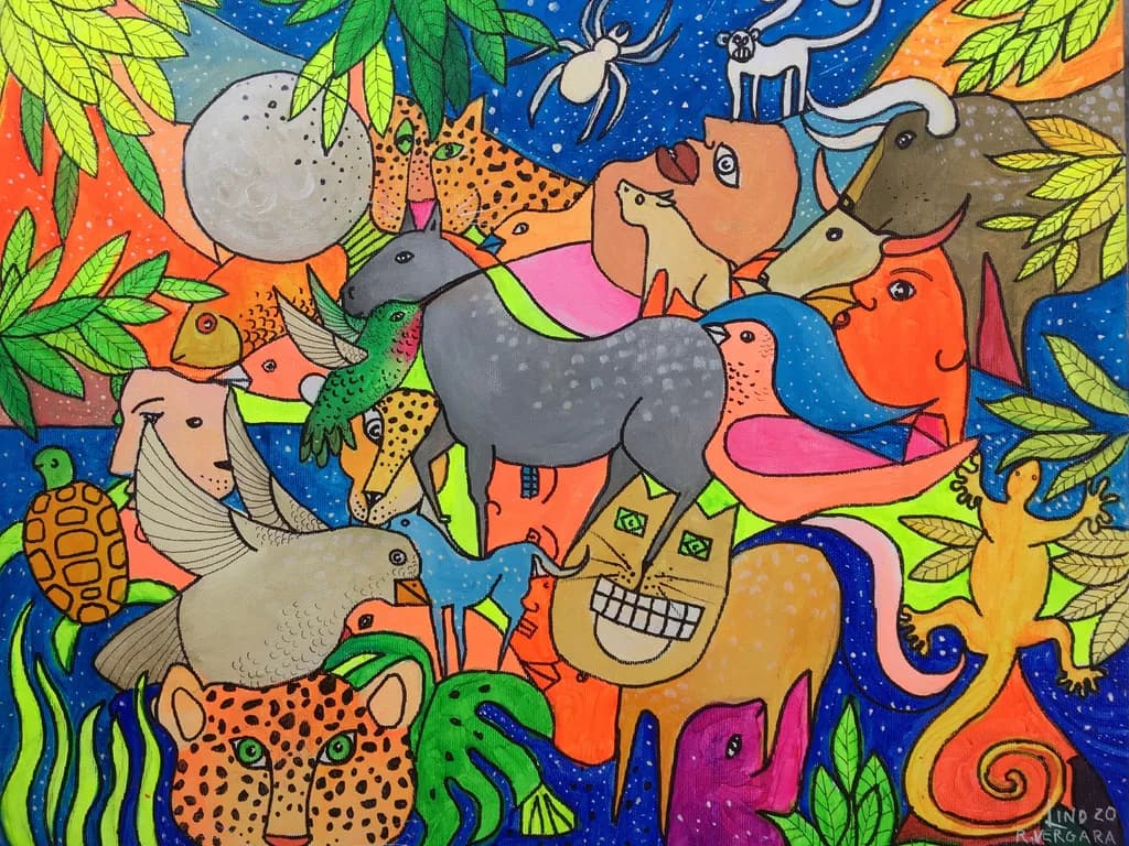 Whimsical Jungle Harmony: A Colorful Celebration of Animal Spirits and Nature's Wonders