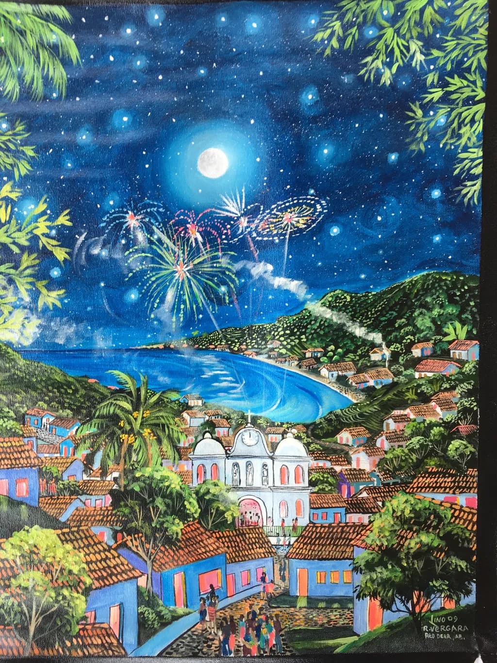 Celestial Celebration: A Vibrant Night of Fireworks Over Coastal Village