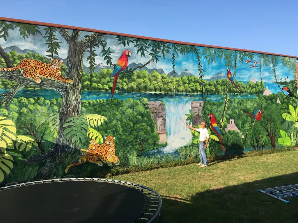 Vibrant Jungle Symphony: A Lush Mural of Leopards and Parrots in Paradise