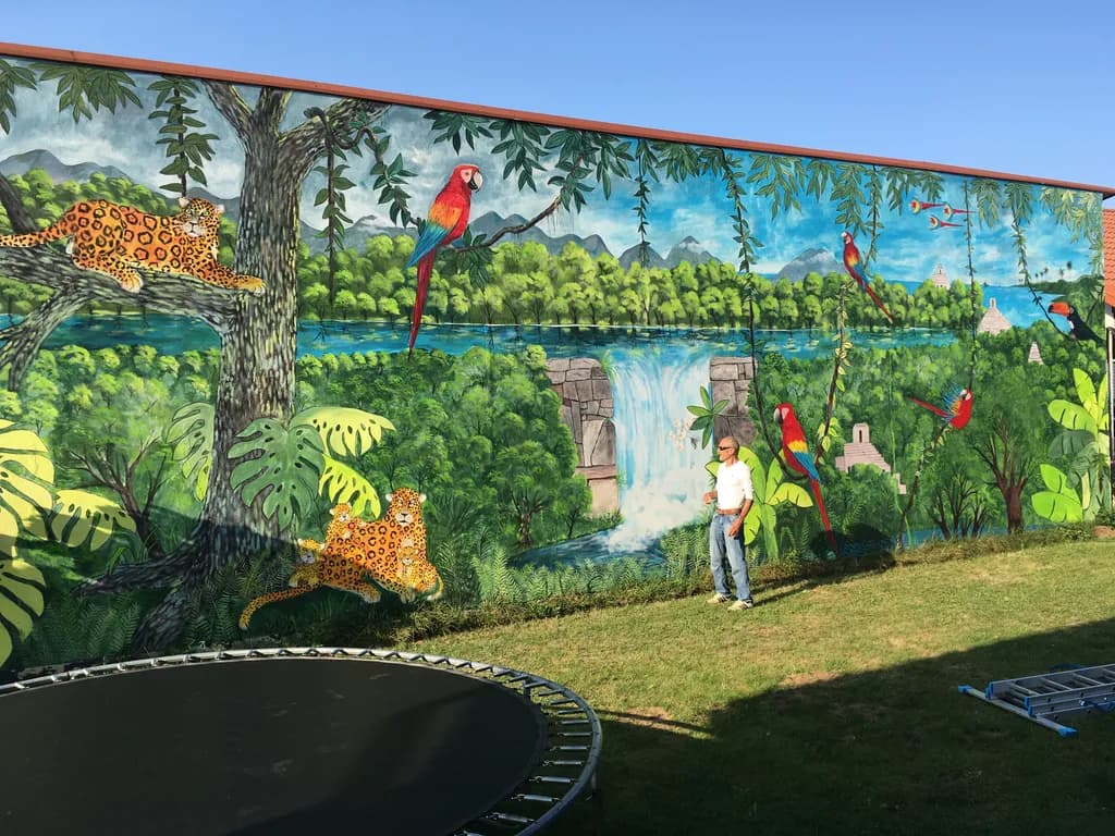 Vibrant Jungle Symphony: A Lush Mural of Wildlife and Waterfalls
