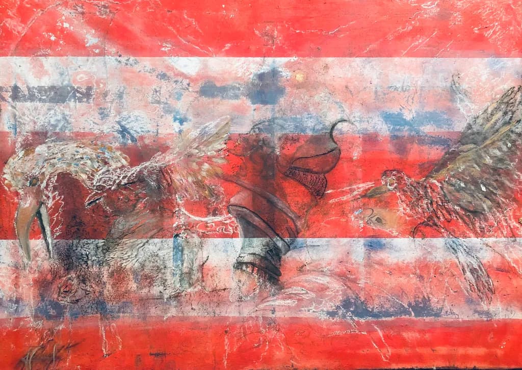 Whispers of Flight: A Dance of Birds on Crimson Canvas