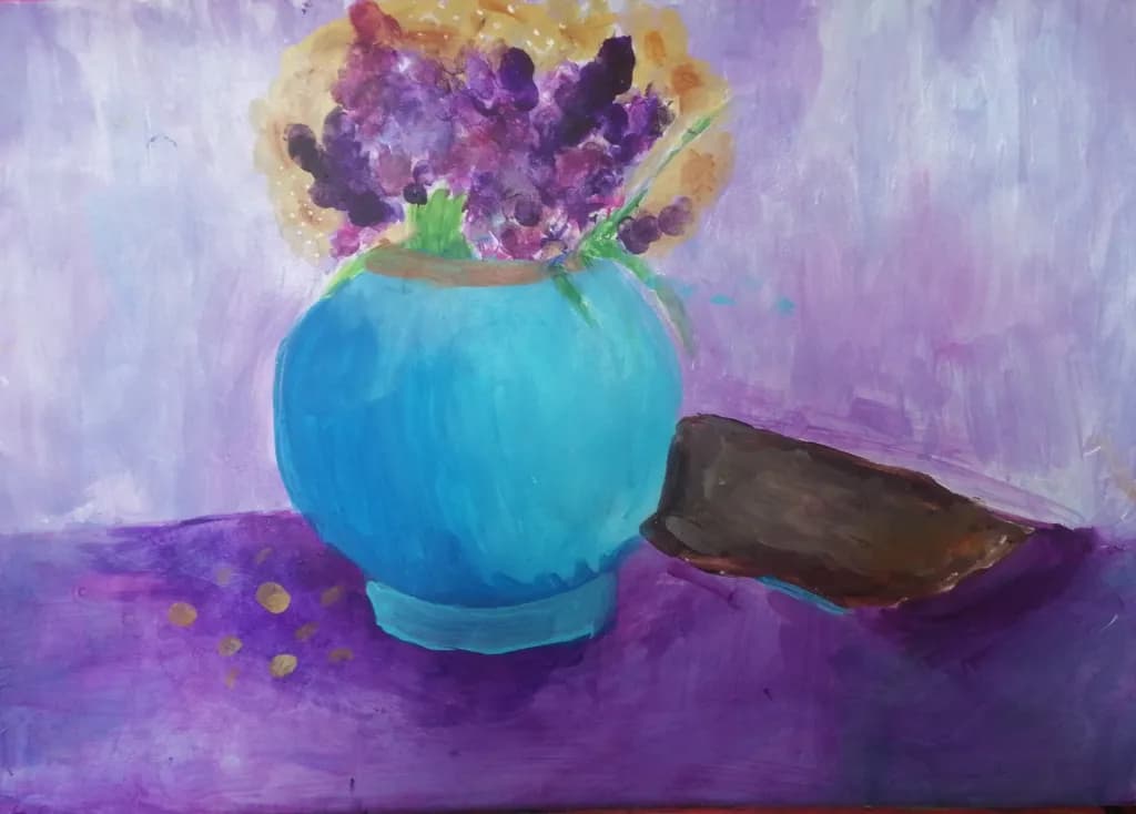 Vibrant Serenity: A Blue Vase Embracing Blossoms in a Dreamy Purple Landscape